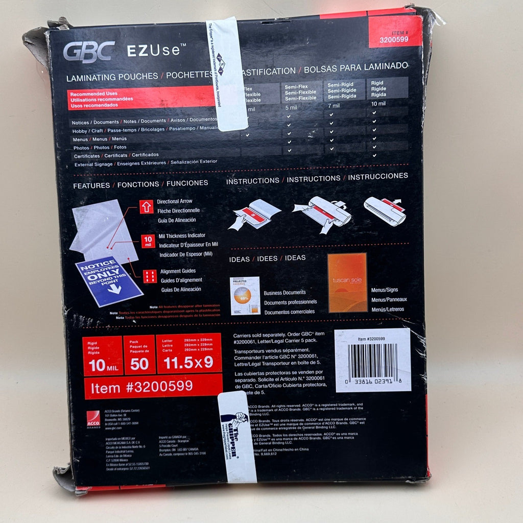 Pack of 50 GBC 3200599 EZUse 11.5"x9" Thermal Laminating Pouches 10 Mil
