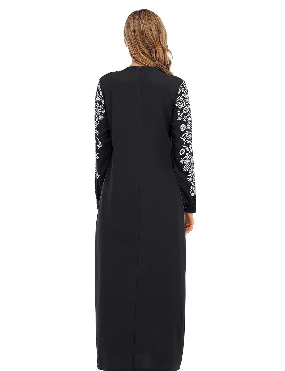 Abetteric Womens L-3XL Floral Printed Maxi Dress w/ Hijab Muslim Abaya Long Slee