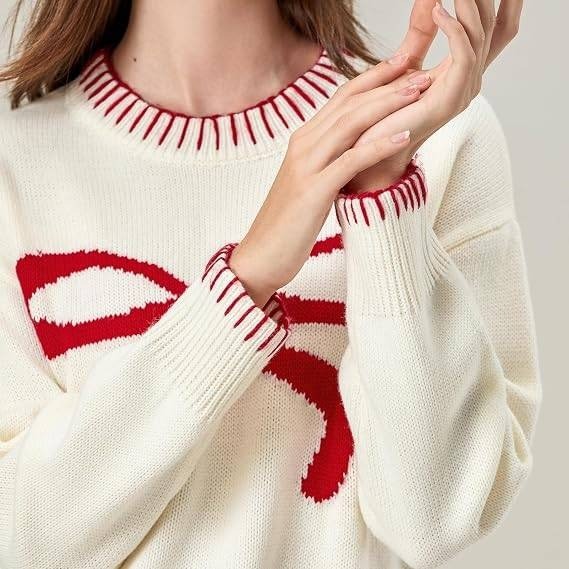 MSRP $41 Fabumily Women's L White Bow Sweater Y2k Crewneck Long Sleeve Knitted