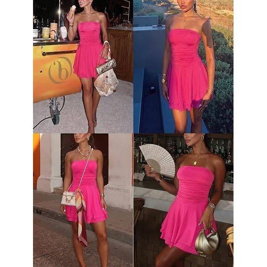 MSRP $49 ECHOINE Womens XS Rose Sexy Tube Top Silk Mini Dress Strapless Ruffle
