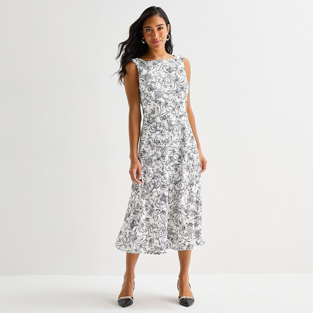 MSRP $99 Marc New York Womens 4 Ivory Black Floral Sleeveless Midi Dress Round