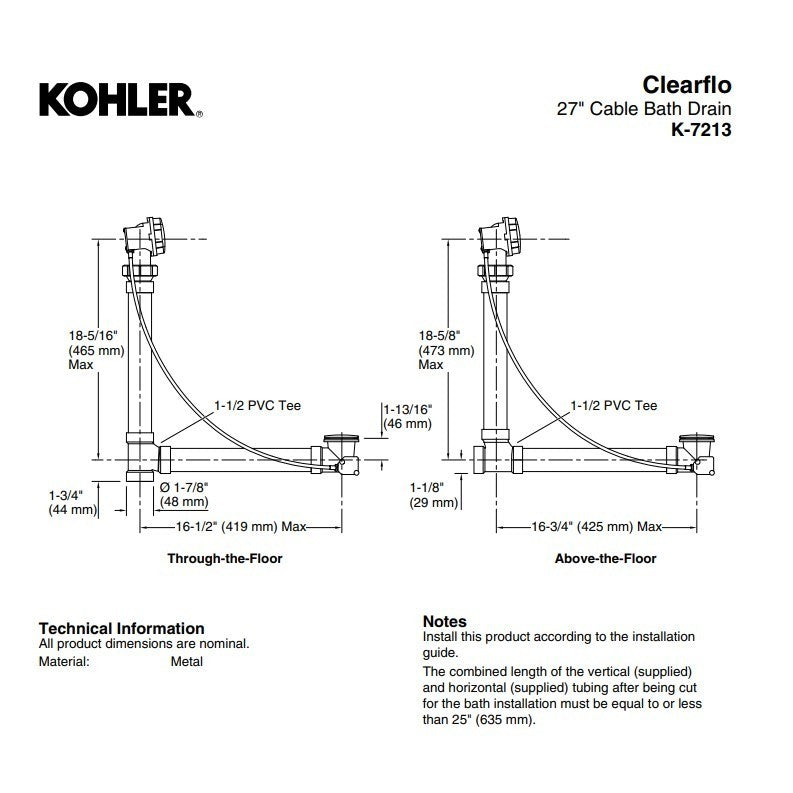 Kohler 7213-PB Clearflo Cable Bath Drain with PVC Tubing, Vibrant Polished Brass