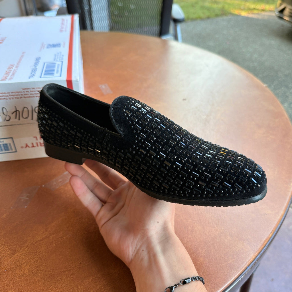 Santimon Men's US 8 Black Rhinestone Slip On Loafers Formal Dress Shoes
