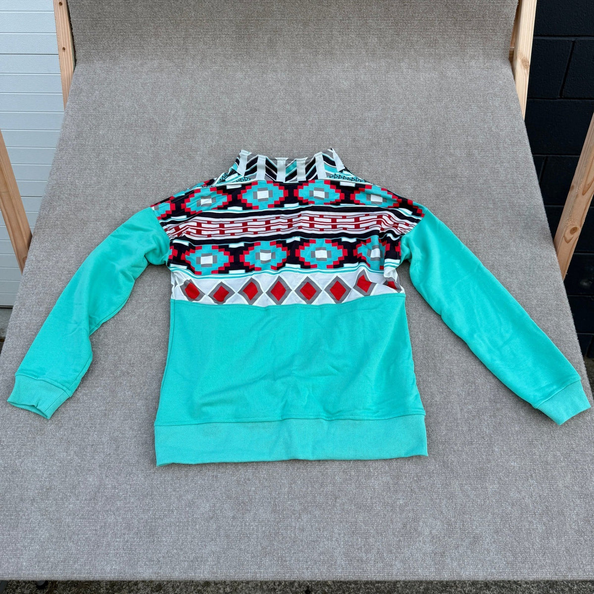 Women's Sky Blue L Half Zip Casual Aztec Geometric Sweatshirt Long Sleeve
