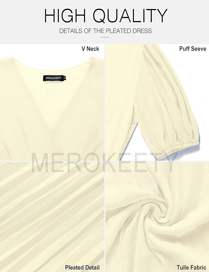Large MEROKEETY Women's Elegant V Neck Short Sleeve Wrap Pleated High Waist