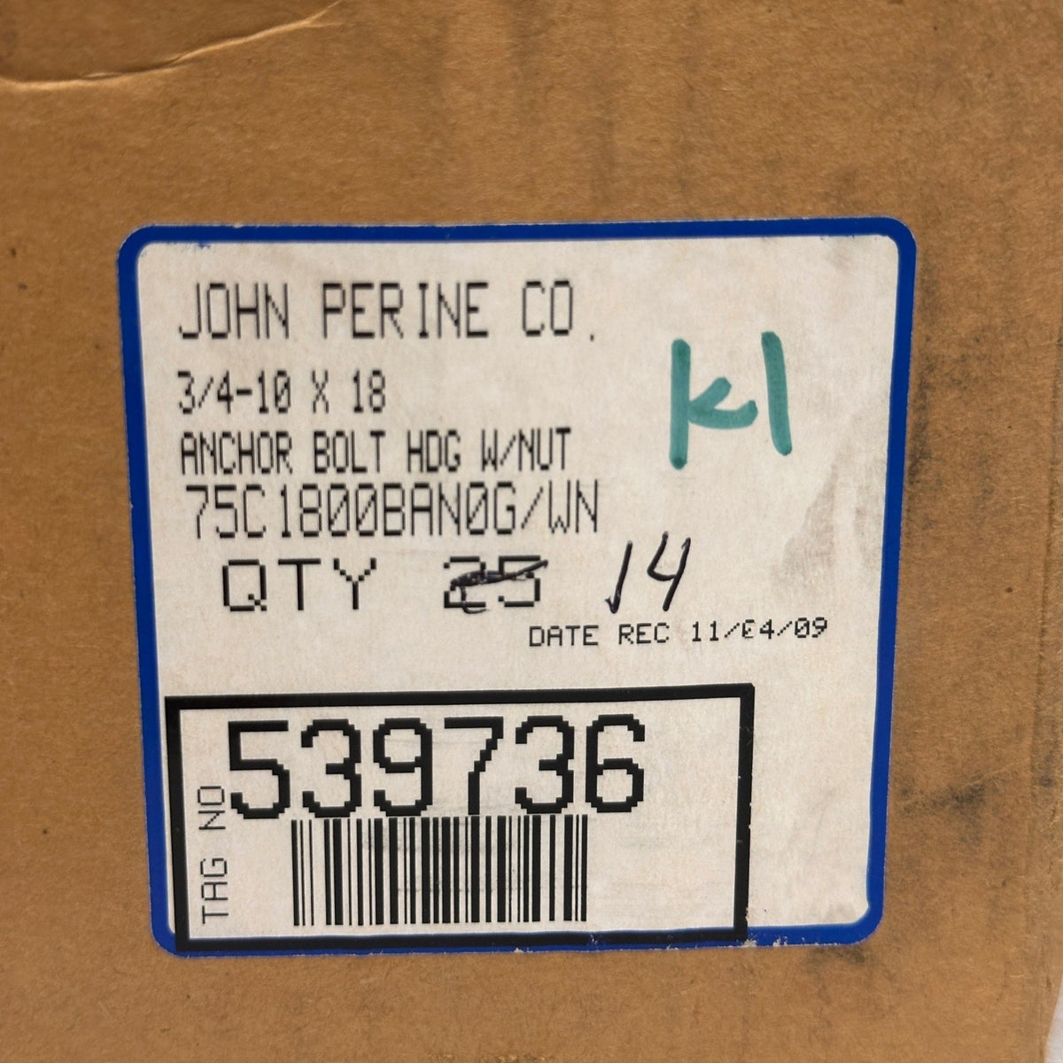 Pack of 14 John Perine 3/4-10 x 18 HDG L-Type Anchor Bolts Only