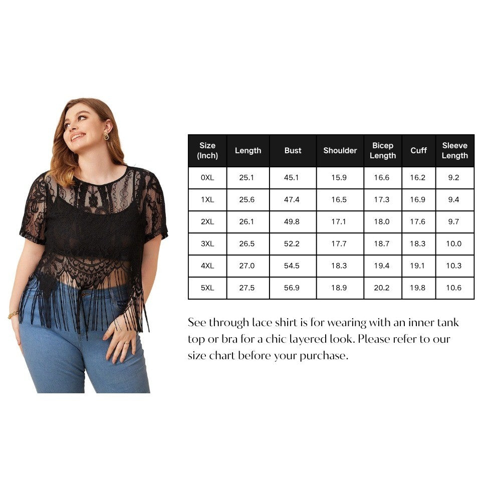 MSRP $24 SOLY HUX Women's Black 3XL Plus Size Sheer Lace Fringe T-Shirt