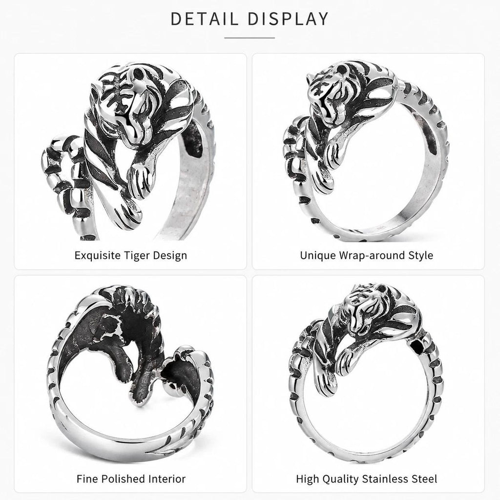 Tiger Open Ring Men's Women's Punk Jewelry Stainless Steel Size 8 Adjustable 7-9