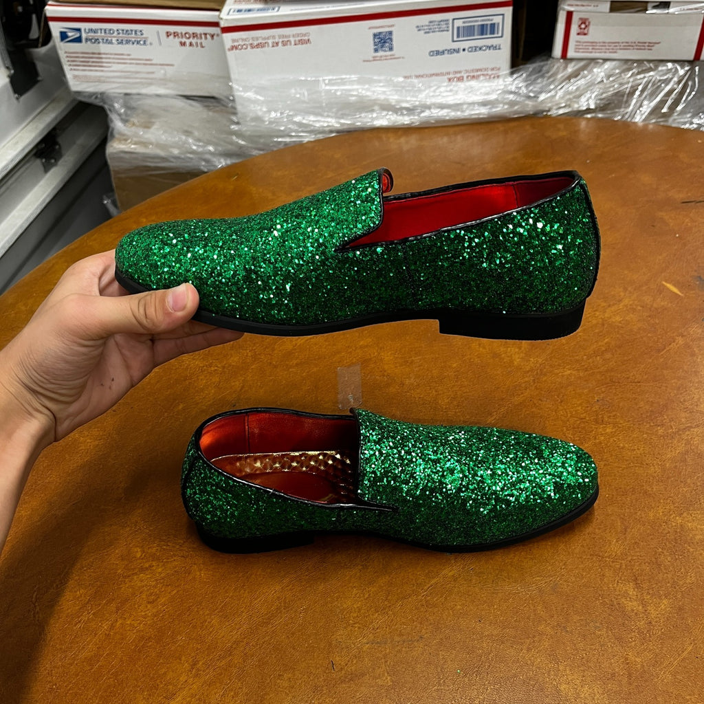 Santimon Men's US 7.5 - 12 Green Glitter Slip-On Loafers Sequin Dress Shoes