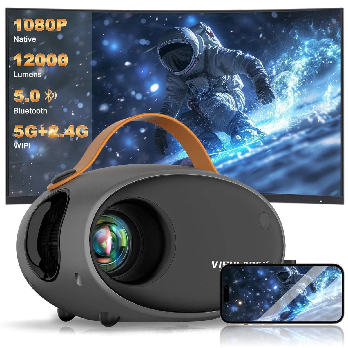 VISULAPEX V2 5G WiFi HD 1080P Portable Projector Bluetooth, Zoom Function