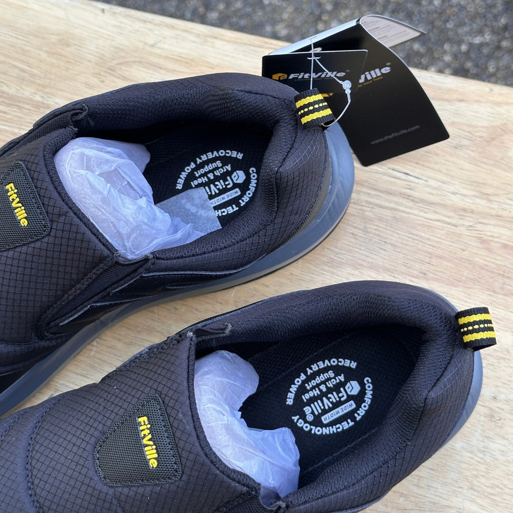 NWT FitVille Men's US 10.5EW Black Explorer Outdoor Slip On V2 Shoes