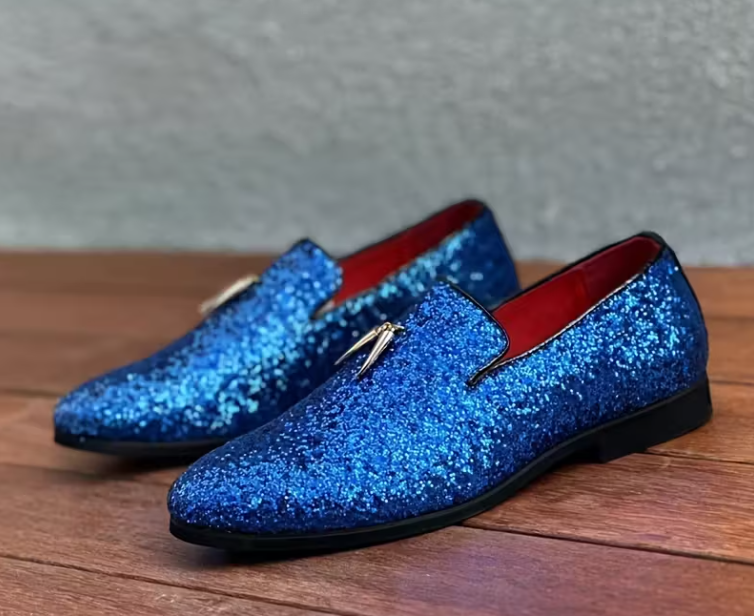 Santimon Men's US 9.5 Blue Glitter Sequin Slip On Loafers Tuxedo Suit Shoes