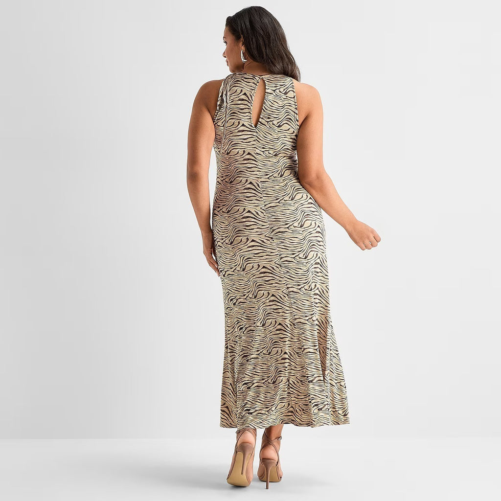 MSRP $90 Ashley Graham Womens 3X Zebra Keyhole Neck Sleeveless Maxi Dress