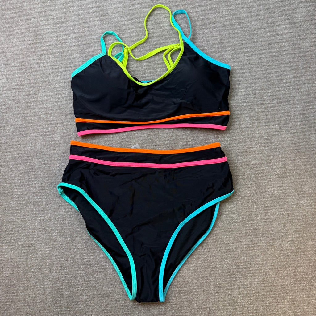 MSRP $42 popvil Women's L High Waisted Bikini Set Neon Two Piece Swimsuit