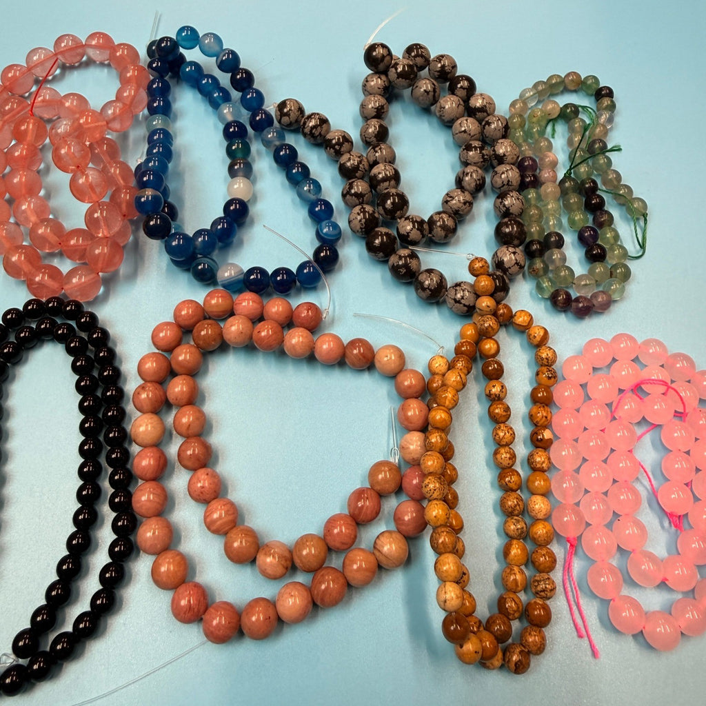 Set of 10 Natural Gemstone Round Beads Strands 15" Sizes 6,8,10 mm 14oz №B11