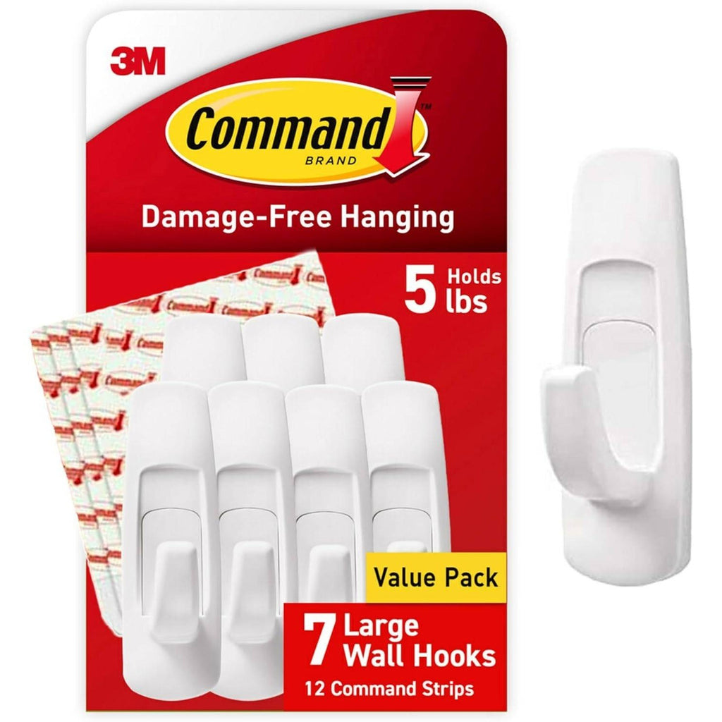 Set of 7 Command 5 lb Large Utility Hooks w/ 12 Strips, No Tools for Hanging, Or
