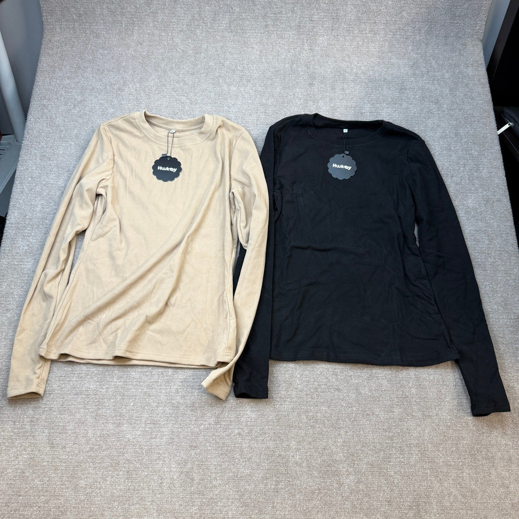 Set of 2 Huukeay Women's S Beige, Black Thermal Shirts with Thumb Holes Long