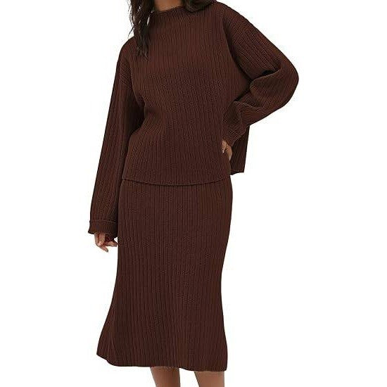 MSRP $52 CHYRII Womens L Coffee 2 Piece Outfit Oversized Sweater Top & Skirt S