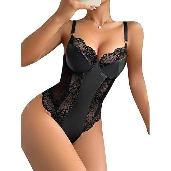 MSRP $34 Lilosy Women's 3XL Black One Piece Sexy Leather Underwire Push Up