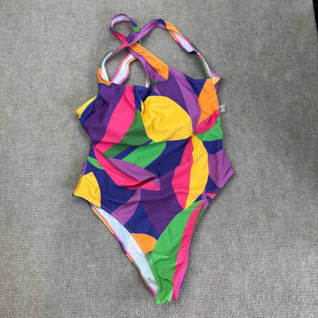 Women's XL One Piece Swimsuit Multicolor Abstract High Cut Backless Bathing Sui