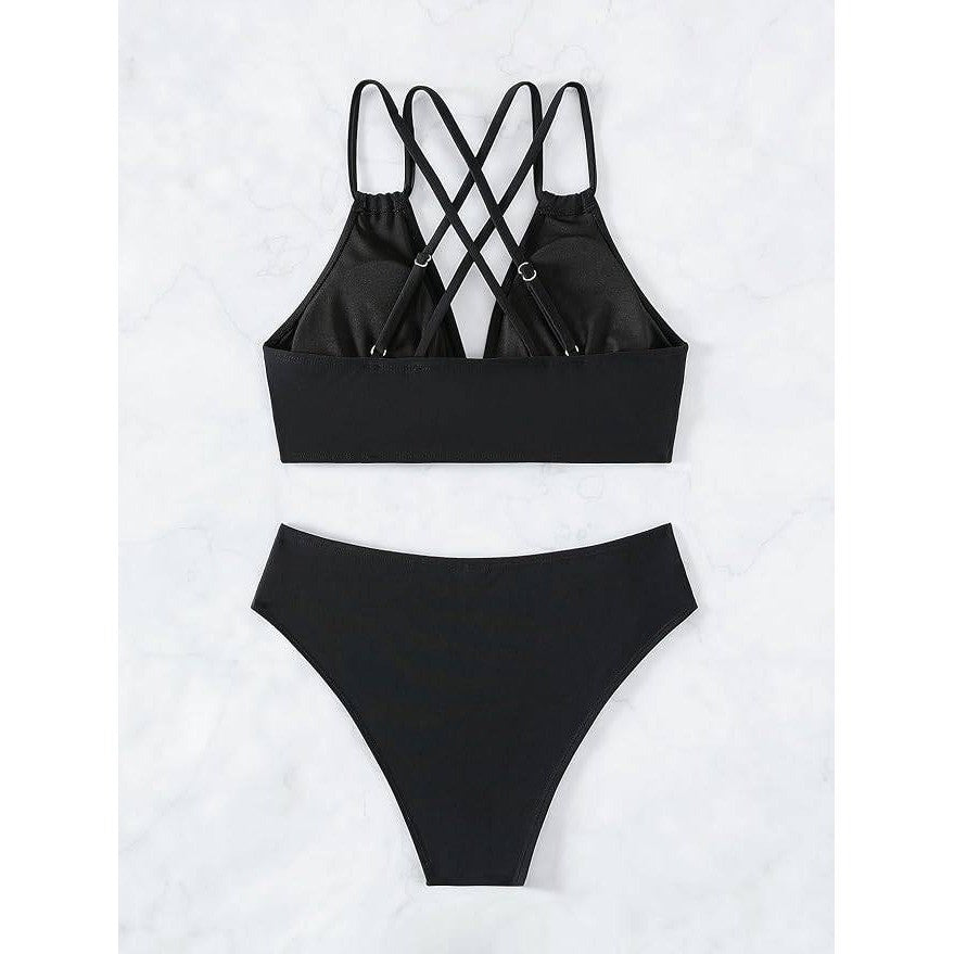MSRP $37 Tainehs Women's S Black Push Up V Neck Bikini Set Criss Cross Back Two