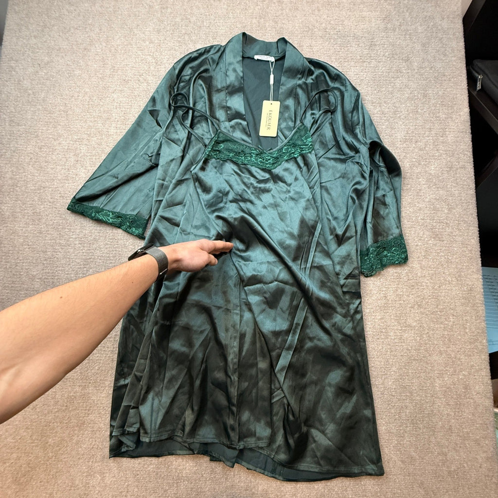 Ekouaer Sleepwear Women's L 2 Piece Satin Nightgown with Robe Set Sexy Lace