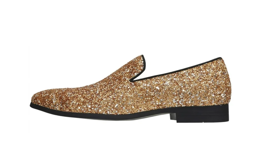 Santimon Men's US 9.5 - 12.5 Gold Sequins Glitter Smoking Loafers Dress Shoes  P