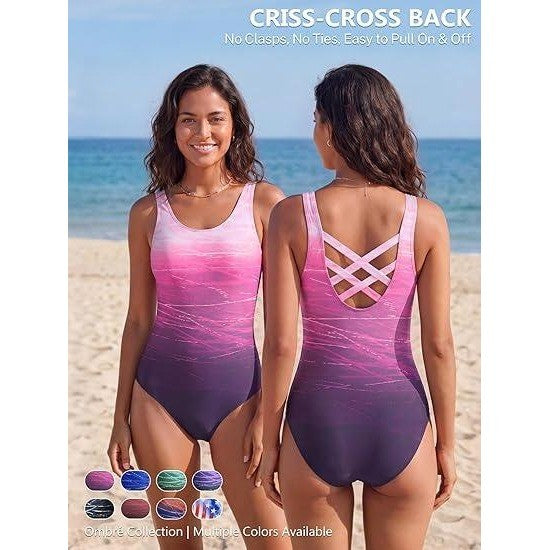 MSRP $38 American Trends Women's M Purple Athletic One Piece Swimsuits Modest