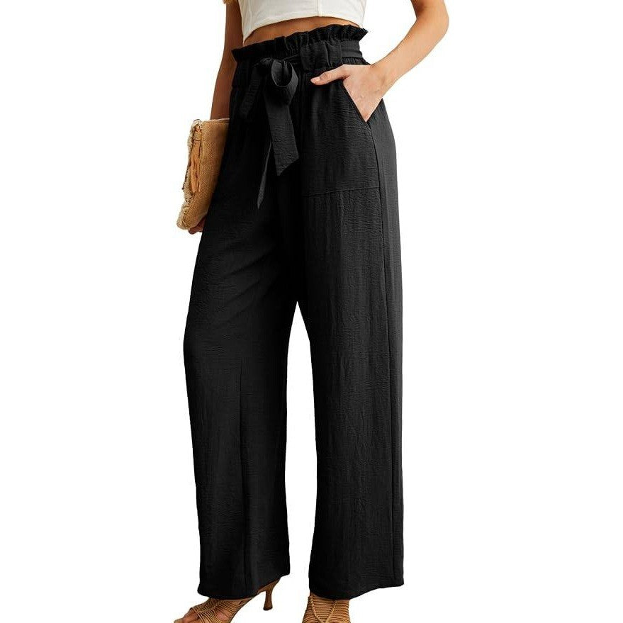 MSRP $26 IWOLLENCE Women's M Black High Waist Palazzo Pants Adjustable Knot