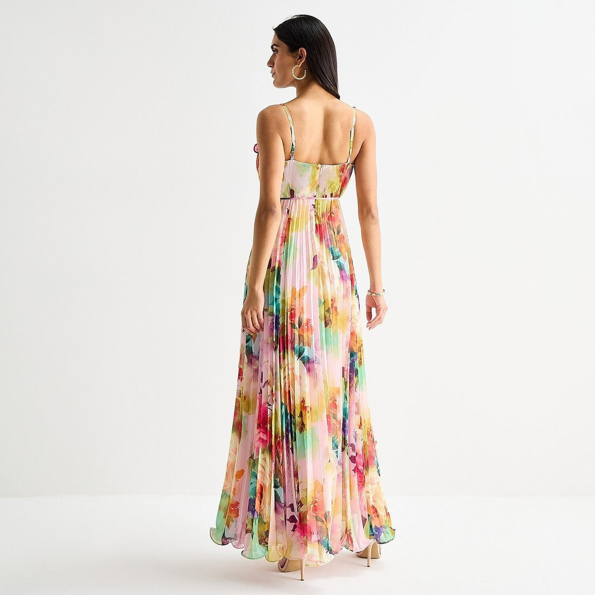 MSRP $140 Melonie T Womens 14 Pink Multi Floral Sleeveless Evening Gown V Neck