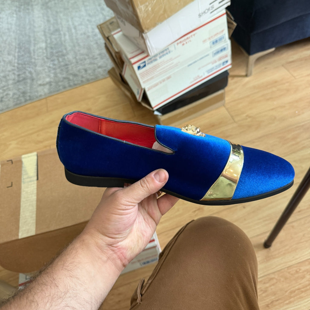 Santimon Mens US 7-11 Blue Velvet Loafers Golden Animal Buckle Slip-On Shoes