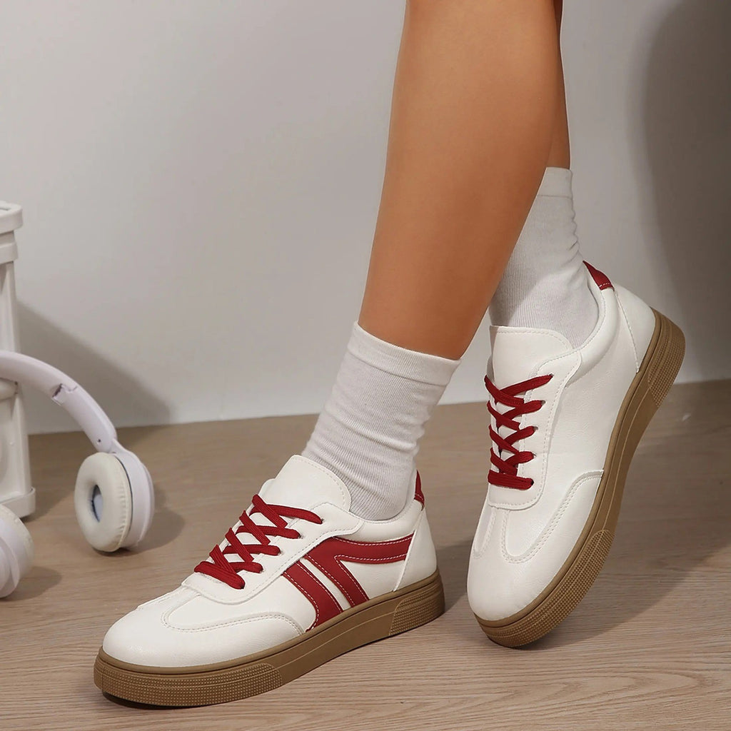 Women's US 8 White/Red Sneakers Casual Sporty Low Top Lace-Up Round Toe Shoes