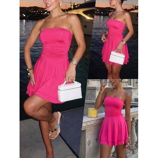 MSRP $49 ECHOINE Womens XS Rose Sexy Tube Top Silk Mini Dress Strapless Ruffle