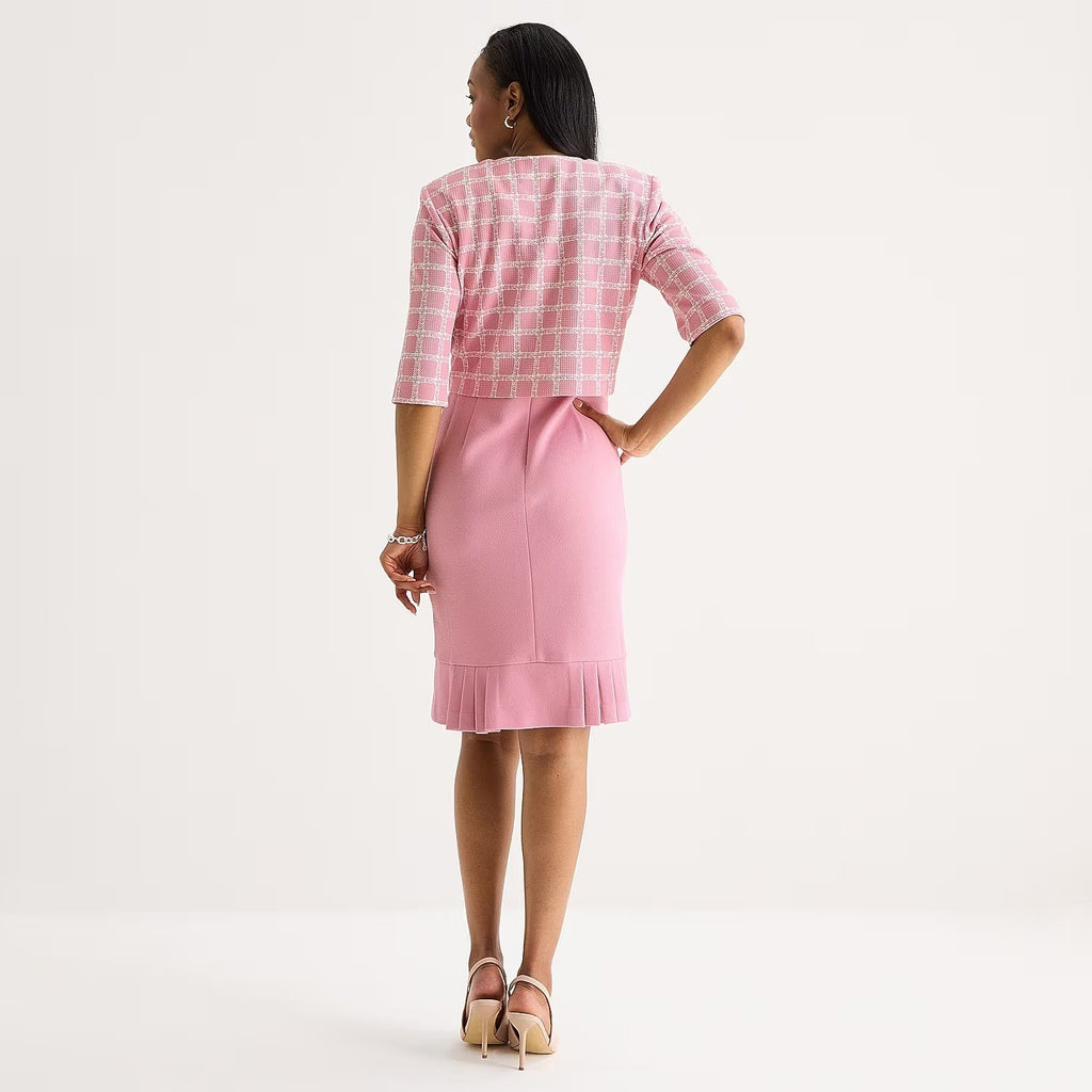 MSRP $94 Maya Brooke Womens 10 Blush/White Grid Jacket Dress Crepe Pearl Trim