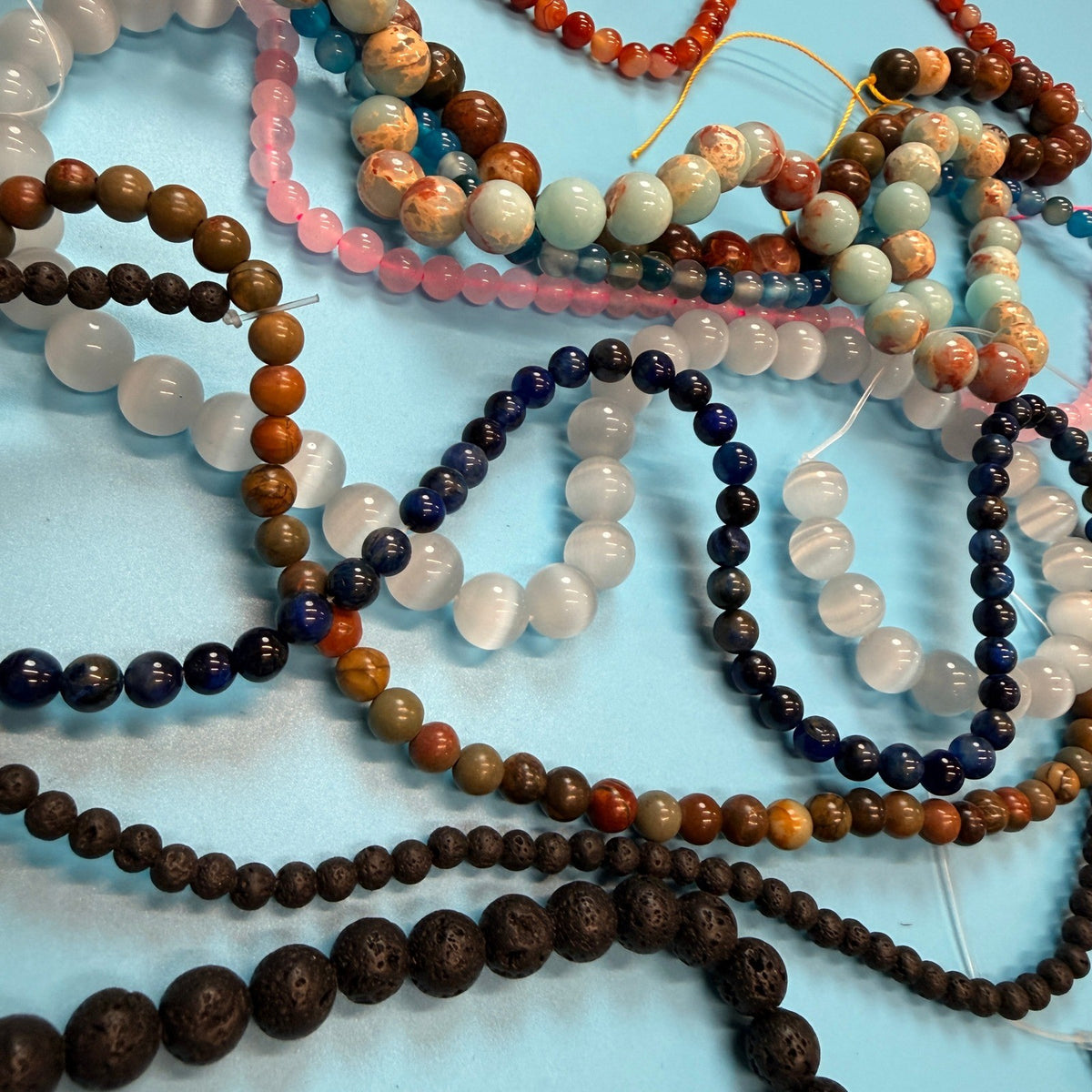 Set of 10 Natural Gemstone Round Beads Strands 15" Sizes 6,8,10 mm 11oz №B26