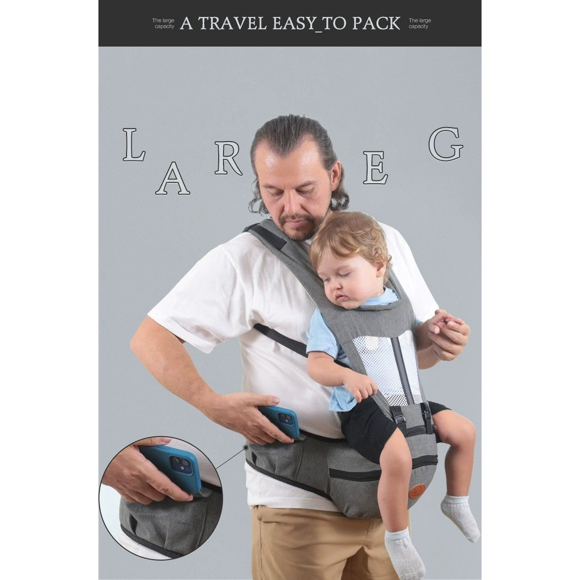 Ergonomic Dark Gray Baby Carrier for Newborn to Toddler with Waist Stool Diaper