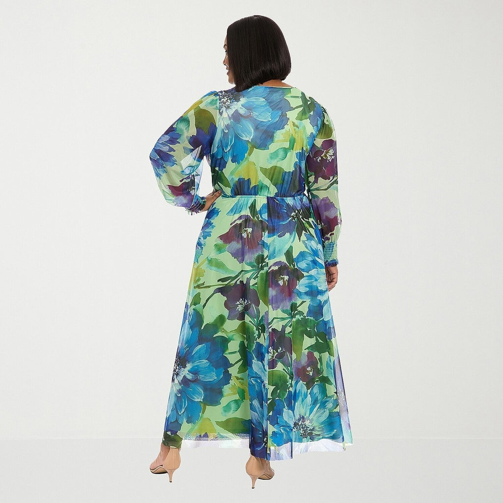 MSRP $109 Clover And Sloane Womens 1X Sage Blue V Neck Maxi Dress Long Sleeve