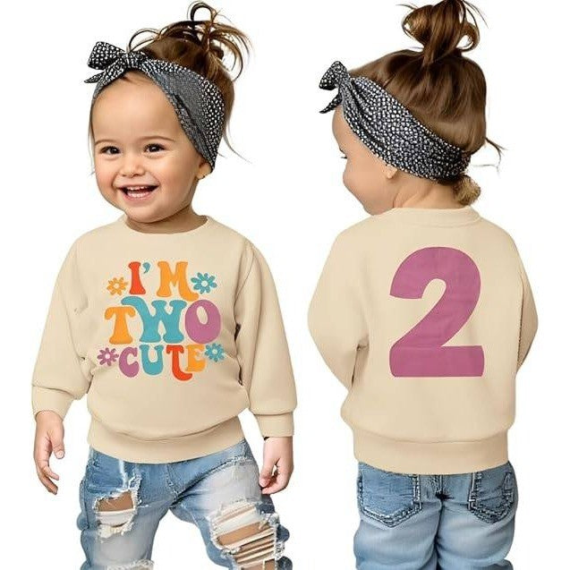 MSRP $20 KEKEMI Toddler Girl 2T Beige Birthday Sweatshirt I'M TWO CUTE Birthday