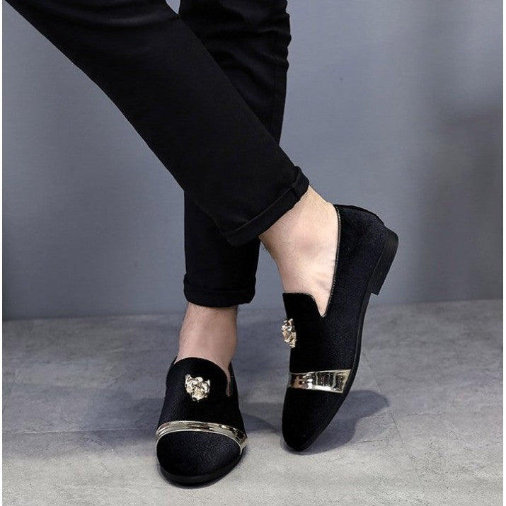 Santimon Men's US 6 Black Velvet Loafers Golden Animal Buckle Slip-On Shoes