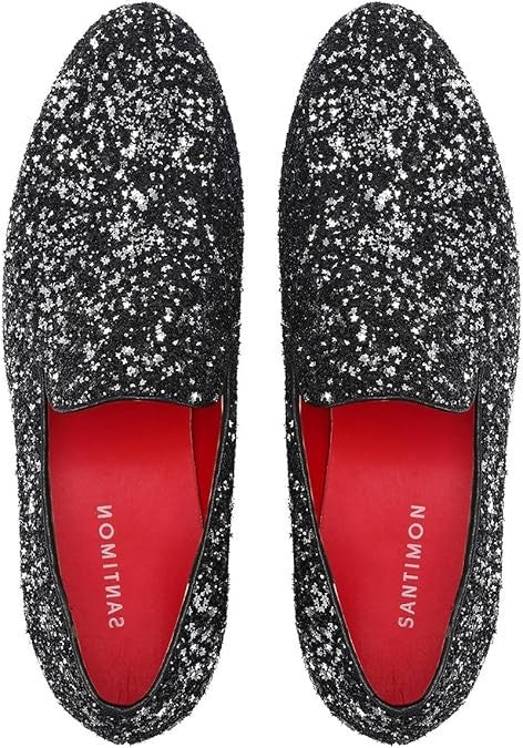 Santimon Mens US 8 - 11 Black Slip On Sequins Glitter Smoking Loafers Dress Shoe