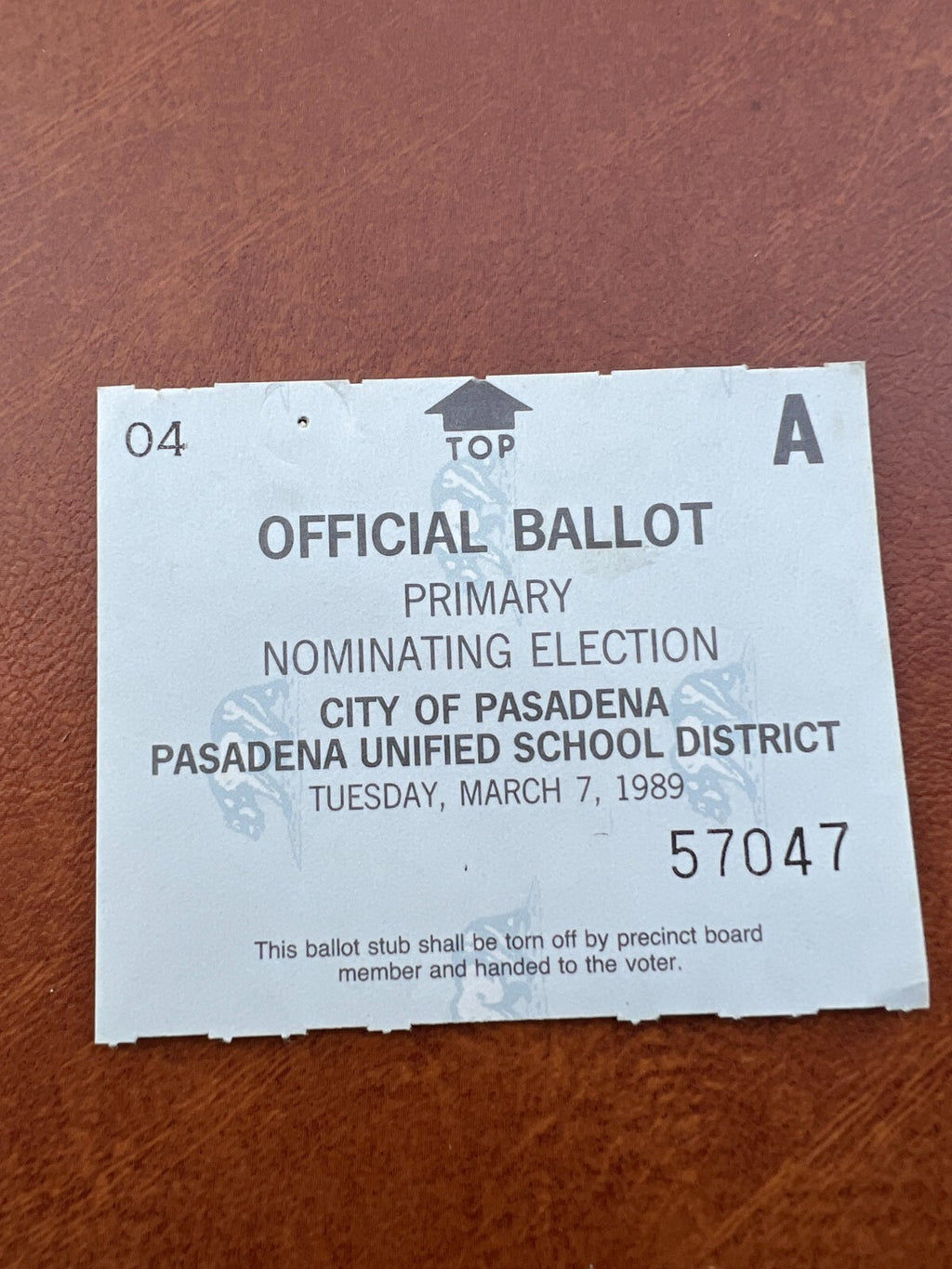 3/7/89 Official Ballot Primary Nominating Election Pasadena