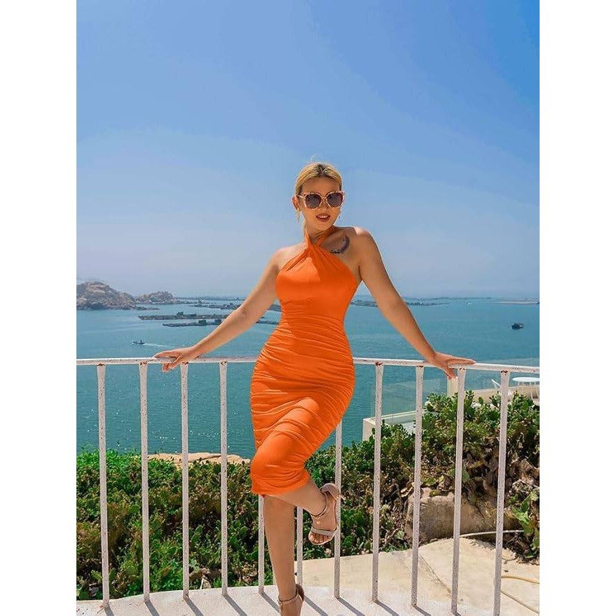 MSRP $39 BEAGIMEG Women's M Sexy Bodycon Sleeveless Backless Midi Dress Ruch
