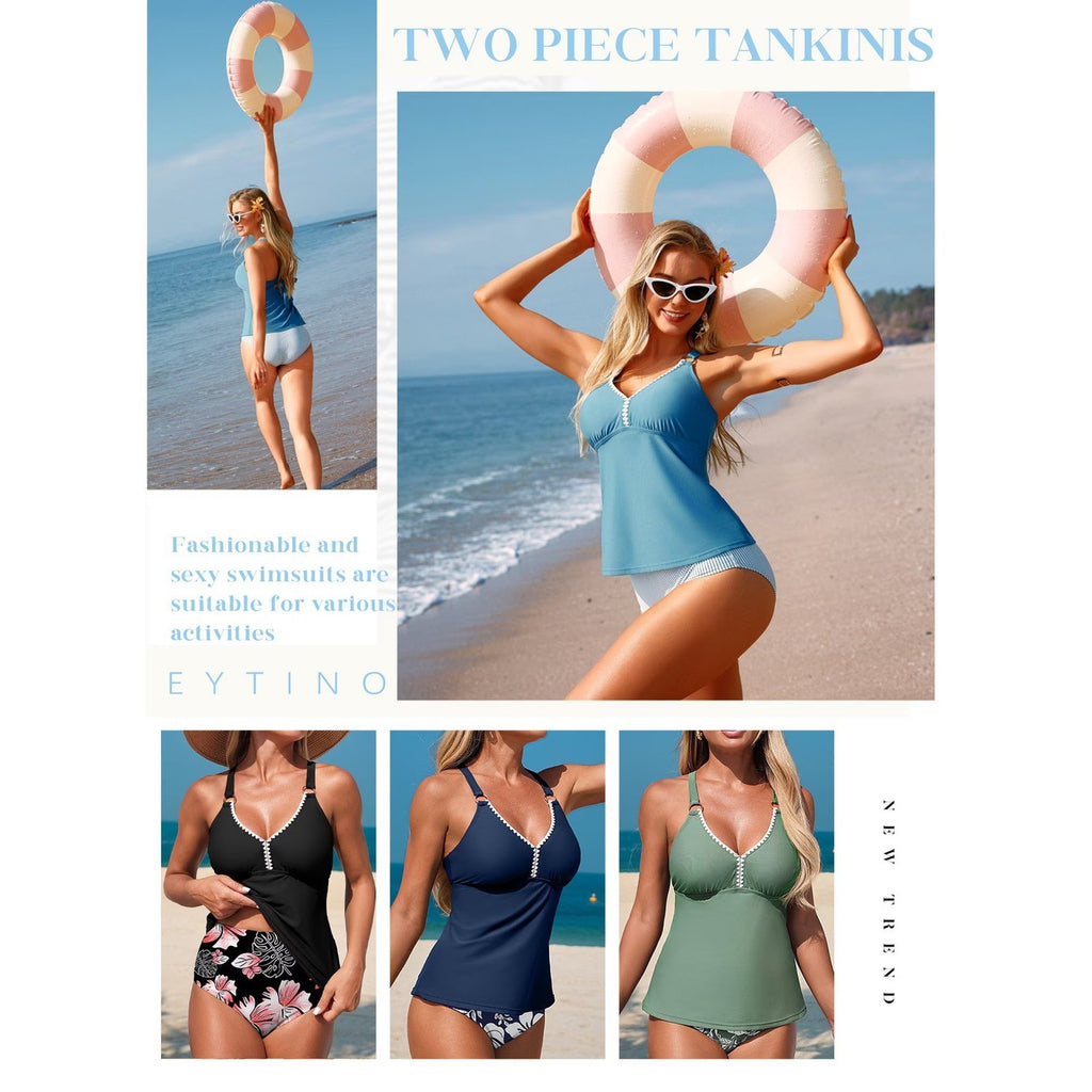 MSRP $27 Eytino Women's L 2 Piece Tankini Bathing Suit Tummy Control Swimsuit V