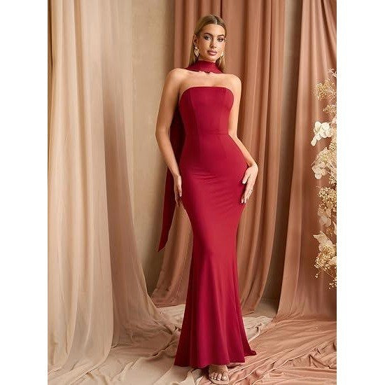 MSRP $79 Auraxe Women's S Red Bodycon Formal Maxi Dresses with Scarf Elegant