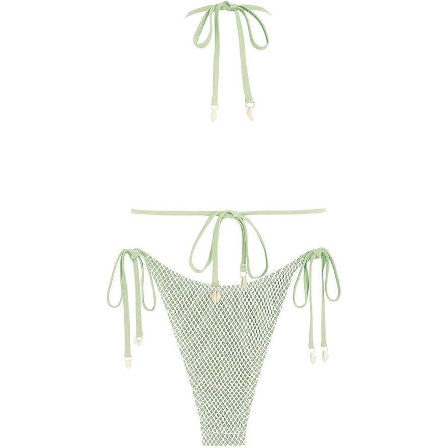 MSRP $47 seamoly Women's S Two Piece Bathing Suit Fishnet Shell Tie Back Halt