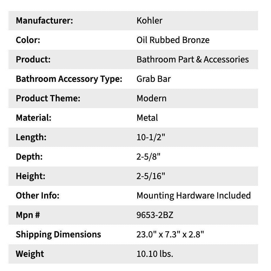 Set of 2 Kohler 9653-2BZ 10-1/2" Oil-Rubbed Bronze Grab Bars for K-1418, K-856