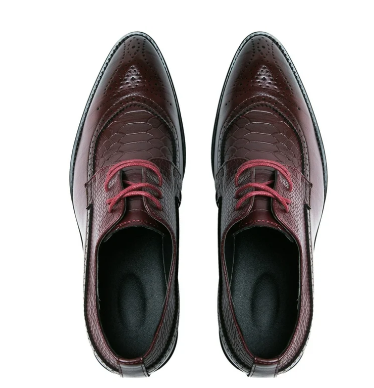 Santimon Men's US 7 - 11 Red Derby Crocodile Pattern Pointed Toe Brogue Shoes