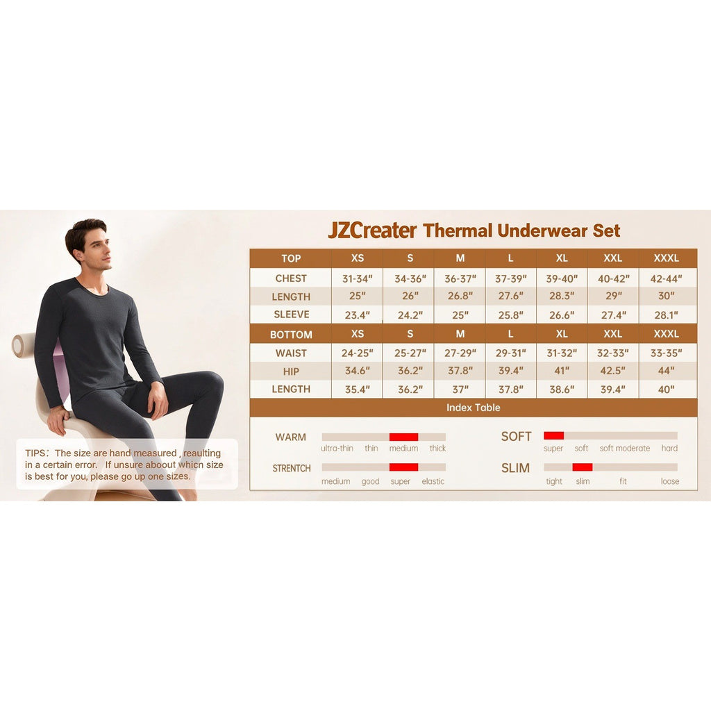 JZCreater Men's M Black Thermal Underwear Set Long Johns Fleece Lined Base Layer