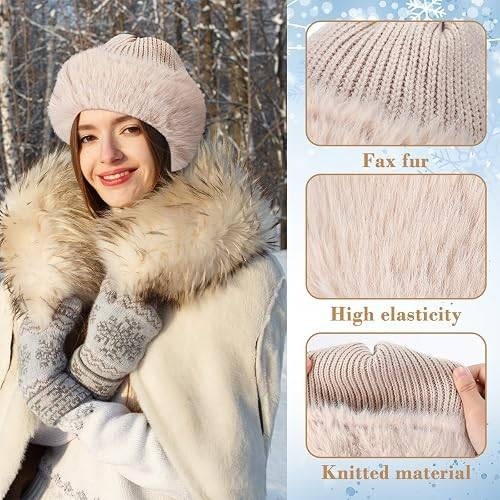 MSRP $18 Skicuff 2 Pcs Faux Fur Knit Beanie Winter Satin Lined Beanie Hat Warm