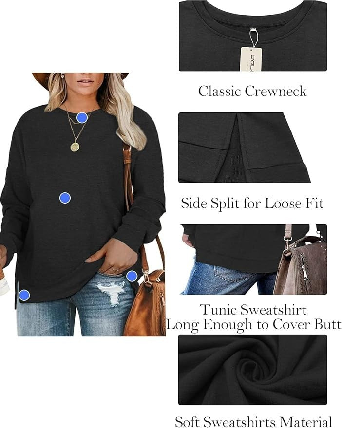 DOLNINE Plus-Size 14W-16W Womens Casual Sweatshirt Top Side Slit Pullover Shirt
